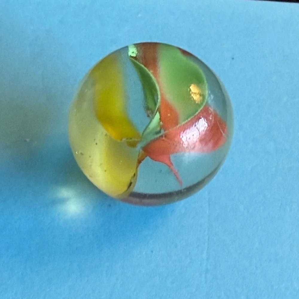 Vintage Clear Base Ribbon Swirl Glass Marble Red Yellow Green Shooter